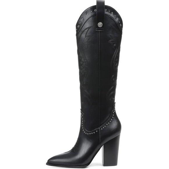 Women 2 Black Embroidered Pointed Toe Knee High Western Chunky Heels Boots - Picture 1 of 7